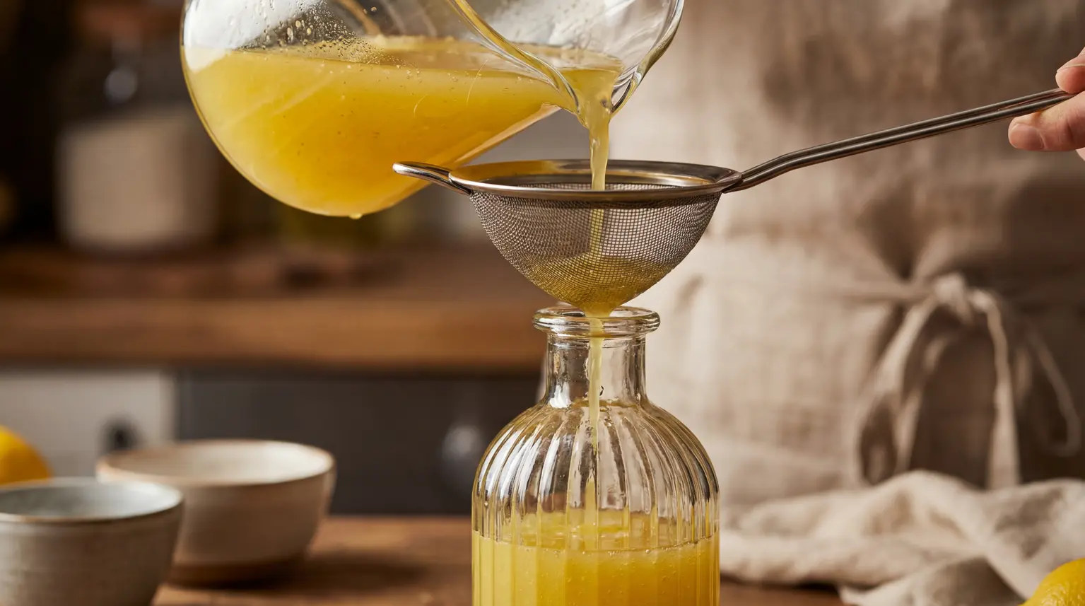 Limoncello durch ein Sieb in eine Flasche abseihen Limoncello durch ein Sieb in eine Flasche abseihen